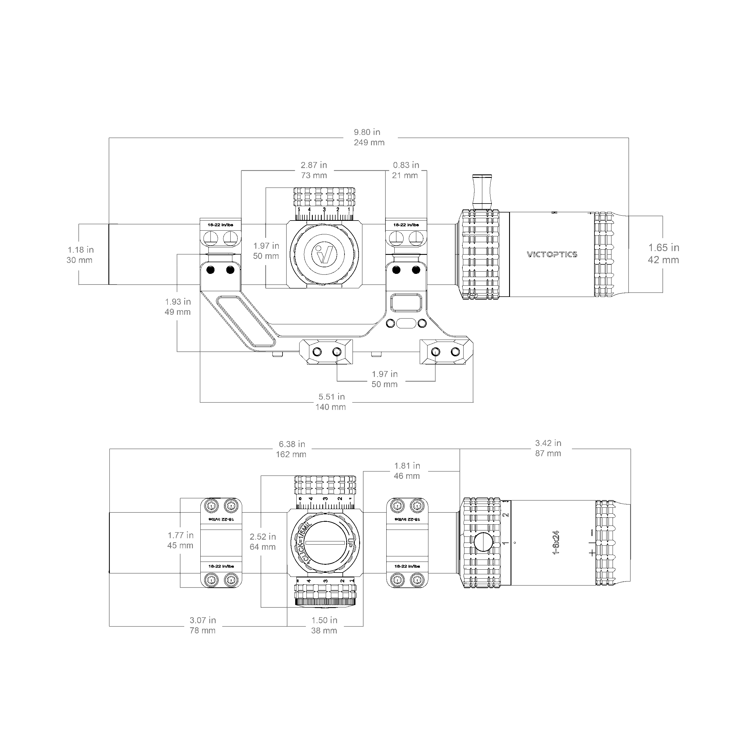 OPSL123 S6 1-6x24 Coyote FDE 1-Piece HI Mount Combo Dimensions